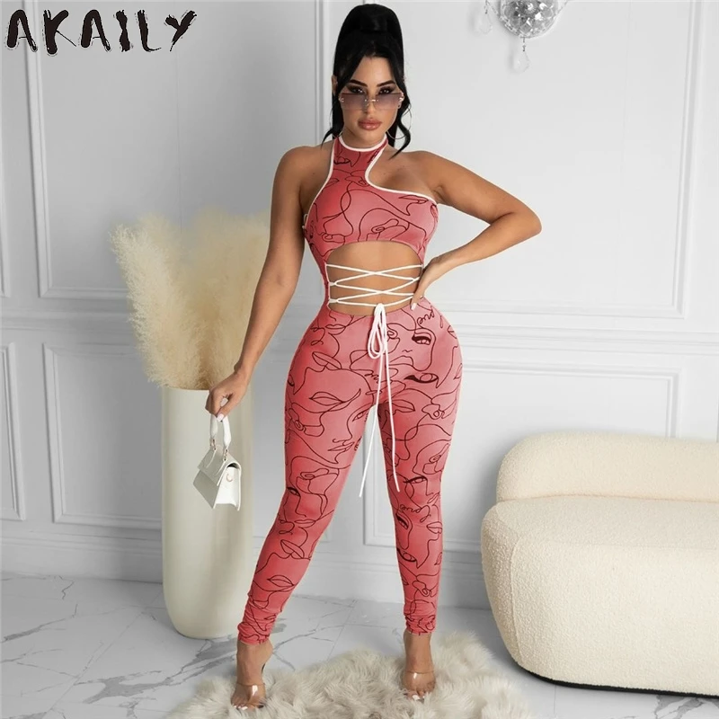 

Женский слитный комбинезон с принтом Akaily, черный облегающий комбинезон с лямкой на шее, без рукавов, с вырезами, лето 2021