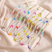 2021clay smiley face sweet colorful little daisy acrylic flowers boho beaded clavicle necklaces for women girls jewelry