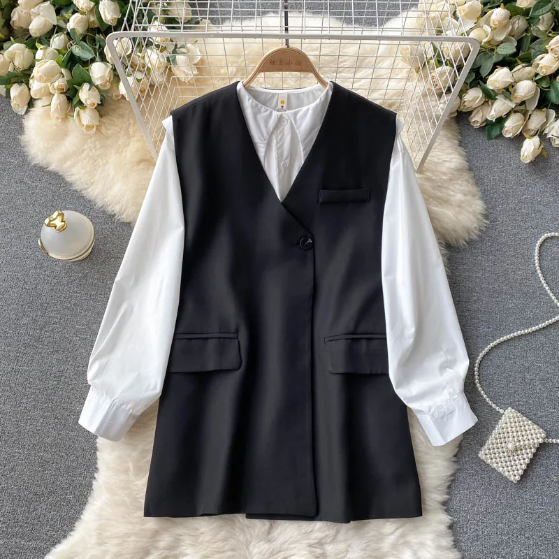 

YIZZHOY Vintage Suit Women Spring Autumn Long Sleeved Shirt Women Sleeveless Loose Medium Long Waistcoat Two-Piece Set
