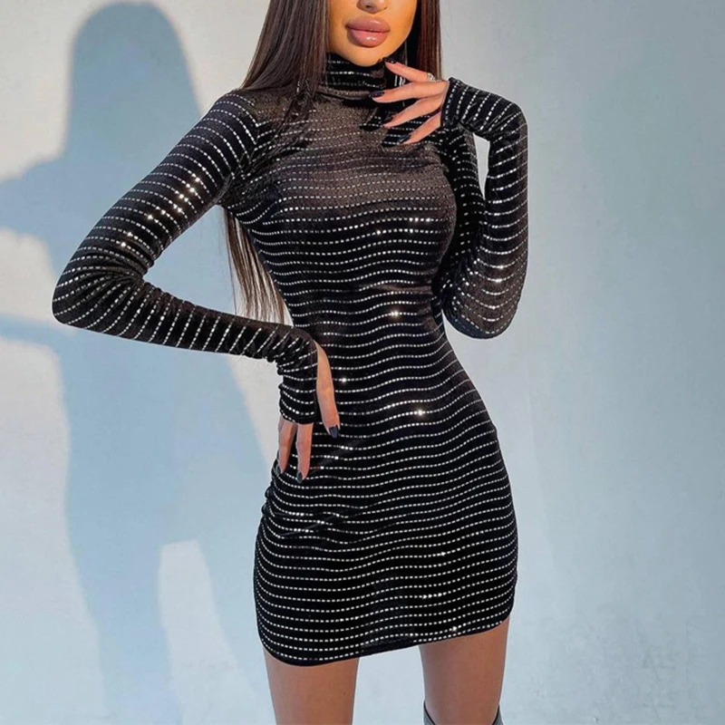 

Sequin Dress Sexy Party Cocktail Dress Adult Stripe Pattern Long Sleeve High Neck Mini Bodycon Dress Black Dress Mini Dress 2022