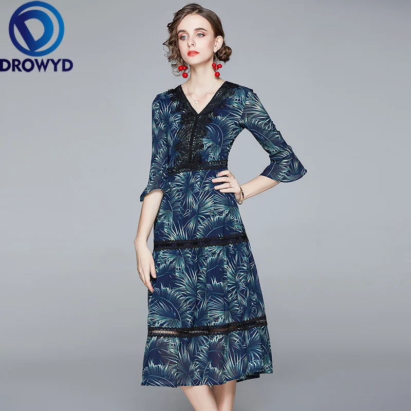 

Blue Print Floral Midi Dress Women Fashion Girl Boho V-neck Chiffon 2020 Queen Autumn New Elegant Party Dresses Vestidos DROWYD