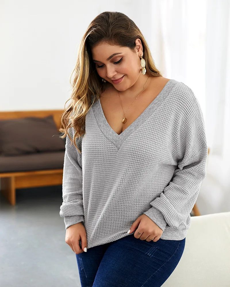 Большой размер 4xl 3xl Женский свитер с длинным рукавом и v-образным вырезом для
