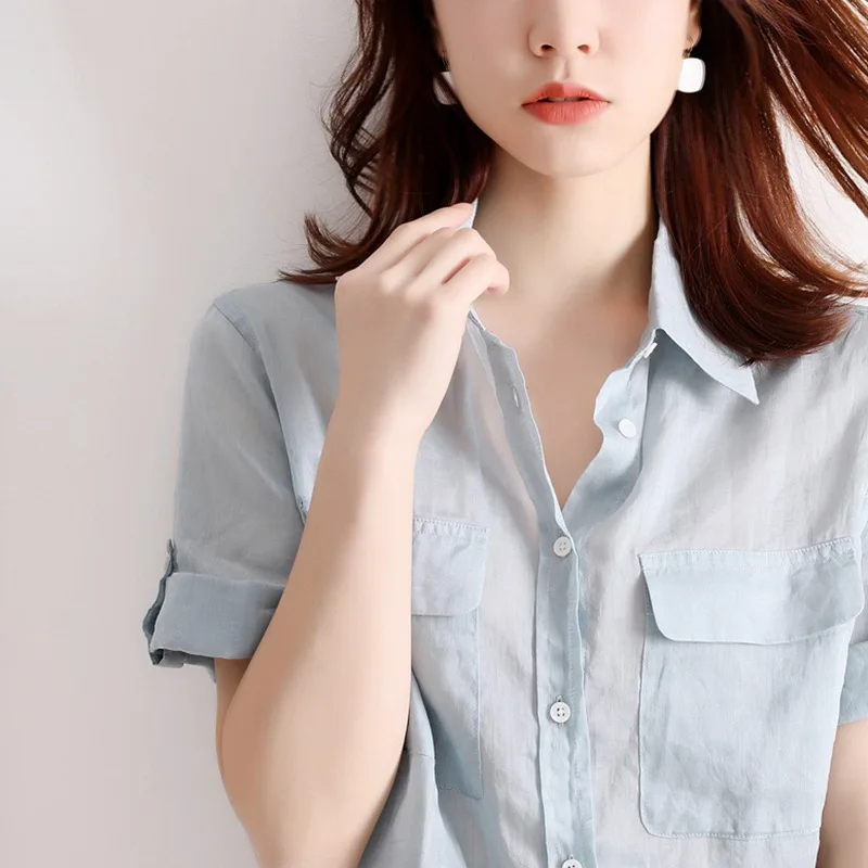 

2021 summer new Japanese light luxury linen tooling shirt solid color single-breasted lapel all-match top women