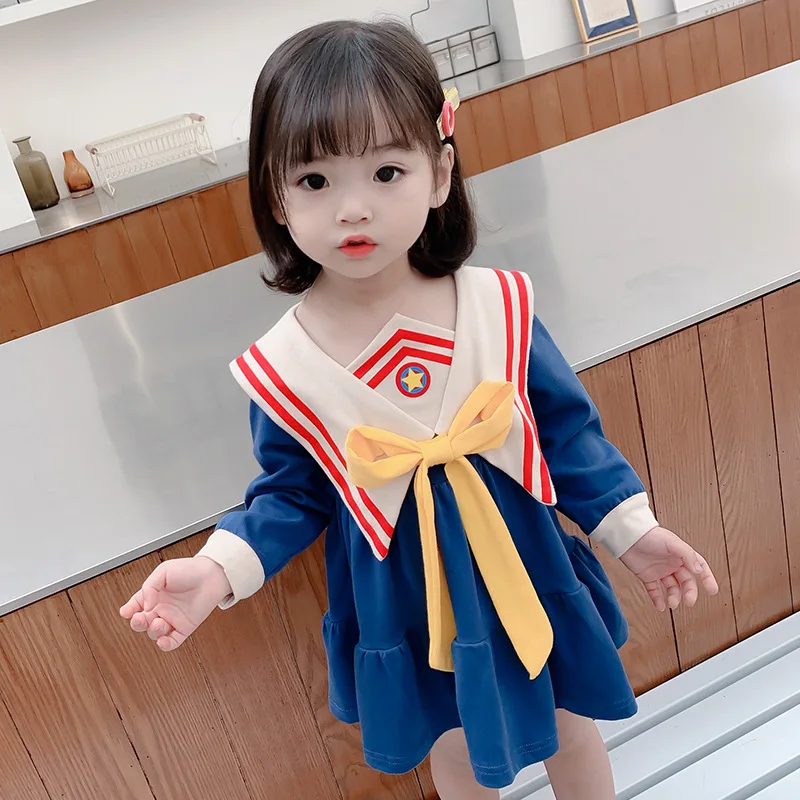 

Girls Navy Style Dress 2021 Spring Autumn Children's Girls College Style Western Style Long-sleeved Children's Princess Dress