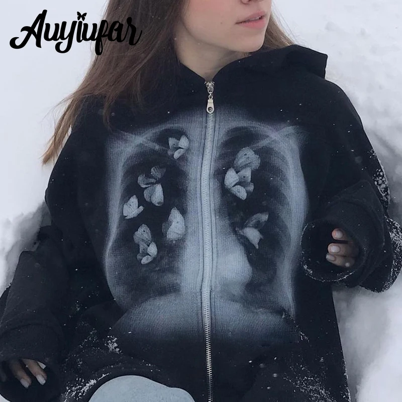 

Auyiufar Butterfly Pattern Fairy Grunge Oversized Hoodies Zipper Casual Colorblock Streetwear Y2K Cardigan Fall Winter Girl Tops