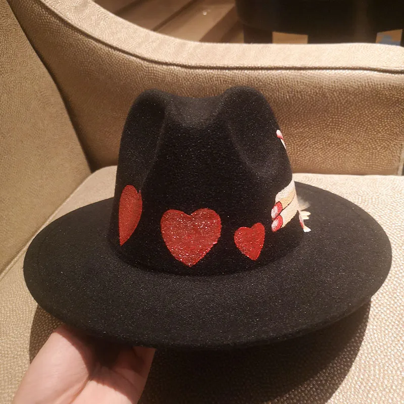

HT374 New Fedora Hat Felt Cap Wide Brim heart printed Ladies Trilby Chapeu Feminino Hat Women Men Jazz Church Caps