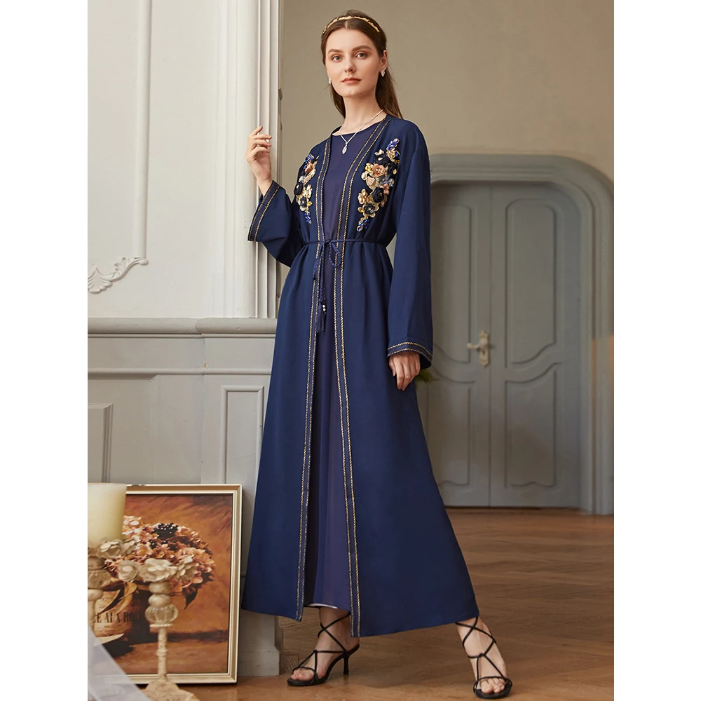 

New Luxury Open Front Abaya Kimono Women Golden Beaded Border Diamond 3D Flower Beading Muslim Robe Dubai Turkey Modest Kaftan