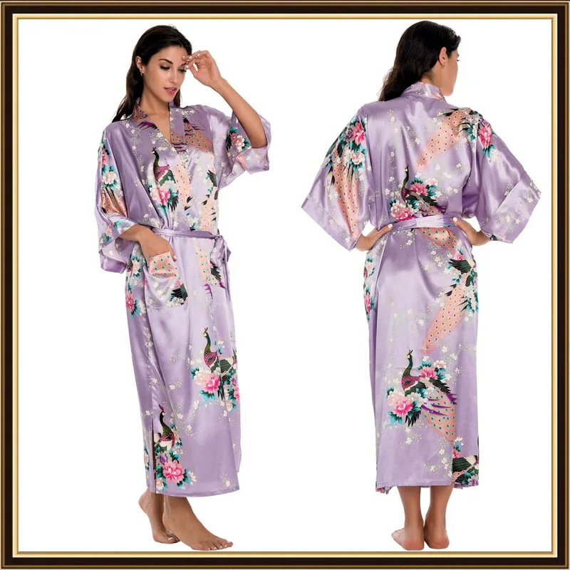 Light purple Женское японское кимоно с коротким рукавом свободного кроя, атласная Шелковая пижама, пижама, павлин, спа, юката, купальный халат, женское длинное платье - Цвет: Light purple