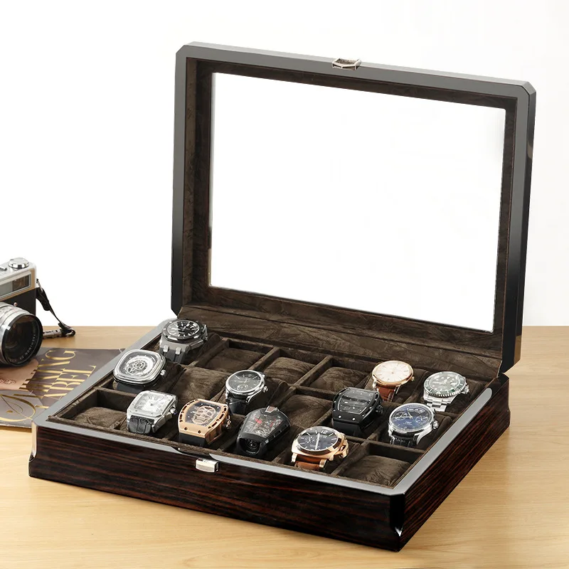 

Luxury Watch Box Case Pure Wood Casket Wooden Display Box Watches Organizer Square Glass Cabinet Packing 18 Seat Storage Box Man
