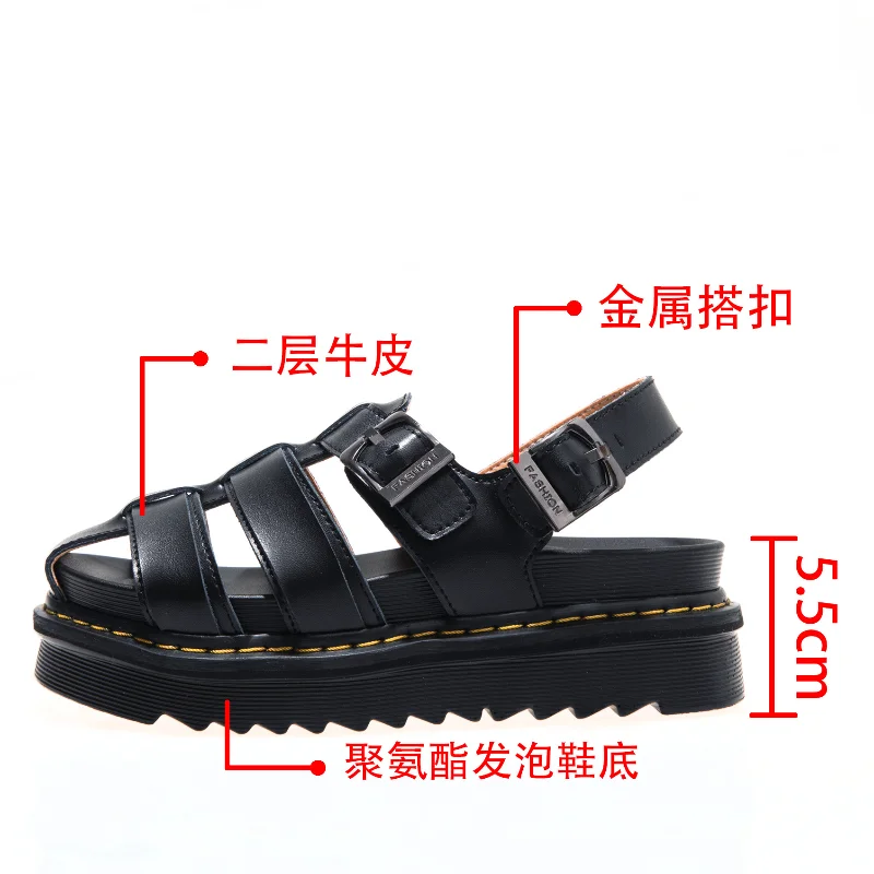 

Thick-soled Sandals Female Students Open Toe Genuine Leather Roman Sandals Buckle Retro British Style Martin Sandals Women