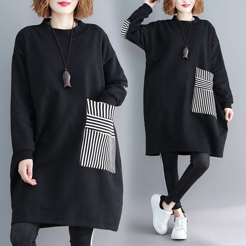 

Women Mid-Length Sweatshirts Autumn Winter Loose Classical Striped Pocket Elegant Artsy Fashion Cotton Office Ladies Pullovers