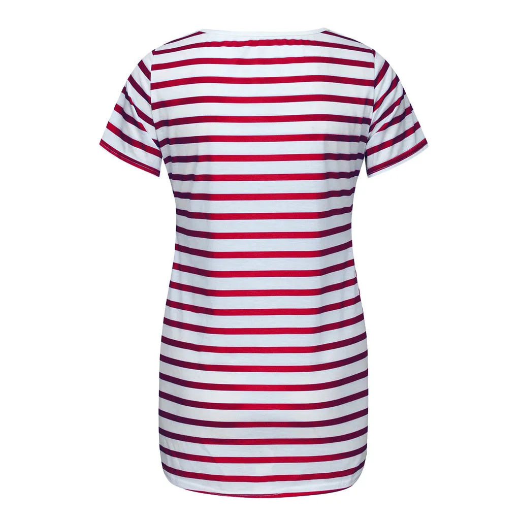 

Summer Women Clothes Breastfeeding Shirt Pregnant Nusring O-neck Short Sleeve Stripe Maternity Cotton Blend Shirt Tops