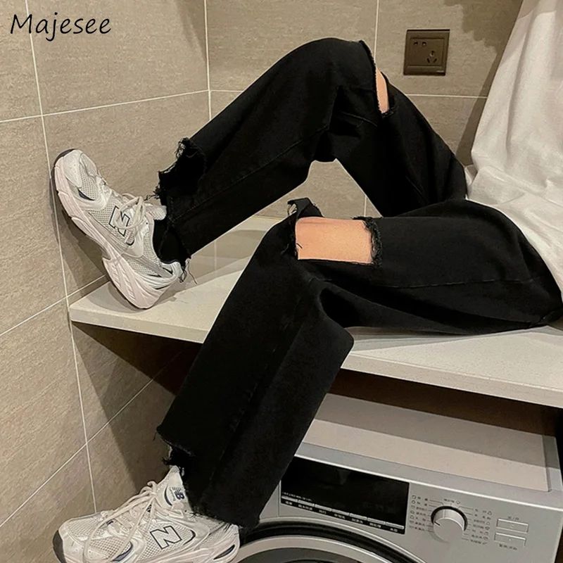 

Black Jeans Mens Clothing Loose Chic Hole Design Hip Hop Harajuku Streetwear Couples Daily Korean Style Straight Trousers Simple