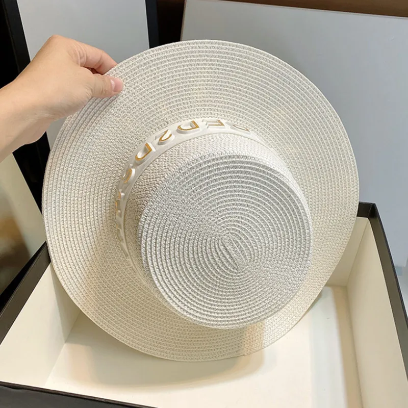 

summer hats women elegant flat top white black belt band sun hats outdoor travel beach classic formal church wedding straw hats