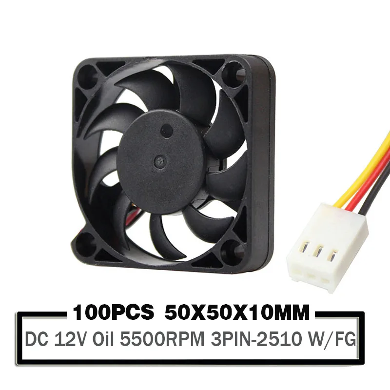 

100 Pieces DC 12V Sleeve Bearing 50mm 50x50x10mm Brushless Cooling Fan 3PIN-2510 Connector with FG Function 5500RPM Cooler Fan