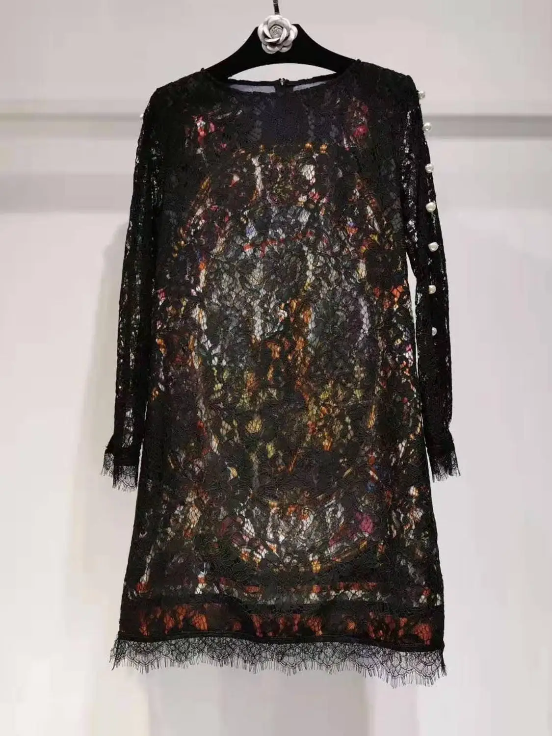 

High Quality 2020 Spring Summer Party Women O-Neck Allover Lace Crochet Beading Deco Long Sleeve Dress Mini Club