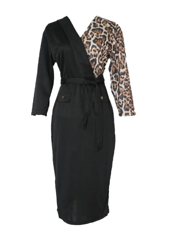 Женское платье-карандаш леопардовое лоскутное три четверти до середины икры для