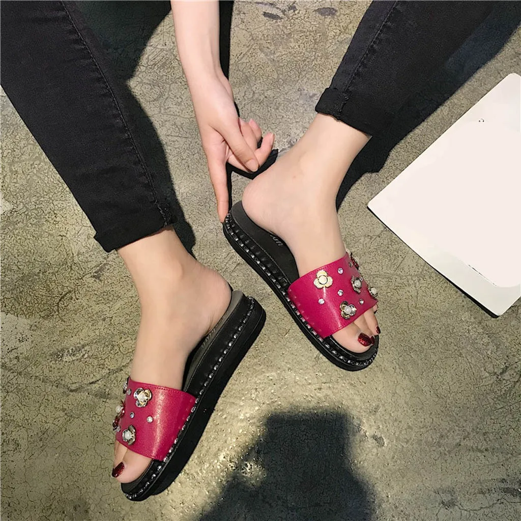

Women's Flat Sandals Sequins Rhinestones Flowers Increased Non-Slip Slippers High Quality Women Slipper Ladies Shoes