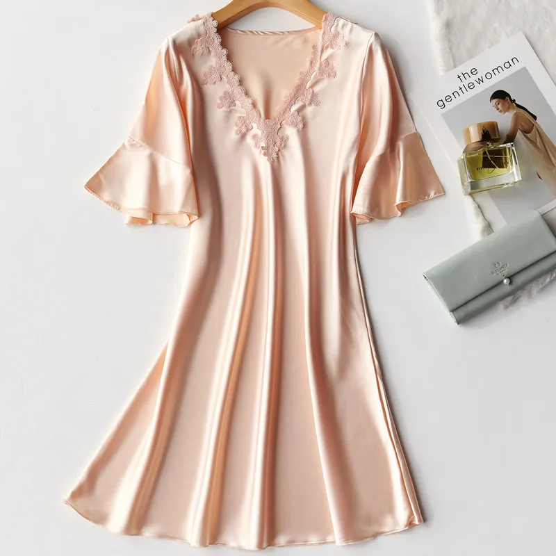 

Summer New Silky Satin Women Nightgown Sleepwear Casual Night Dress Oversize Nightshirt Female Sexy Home Service M-2XL