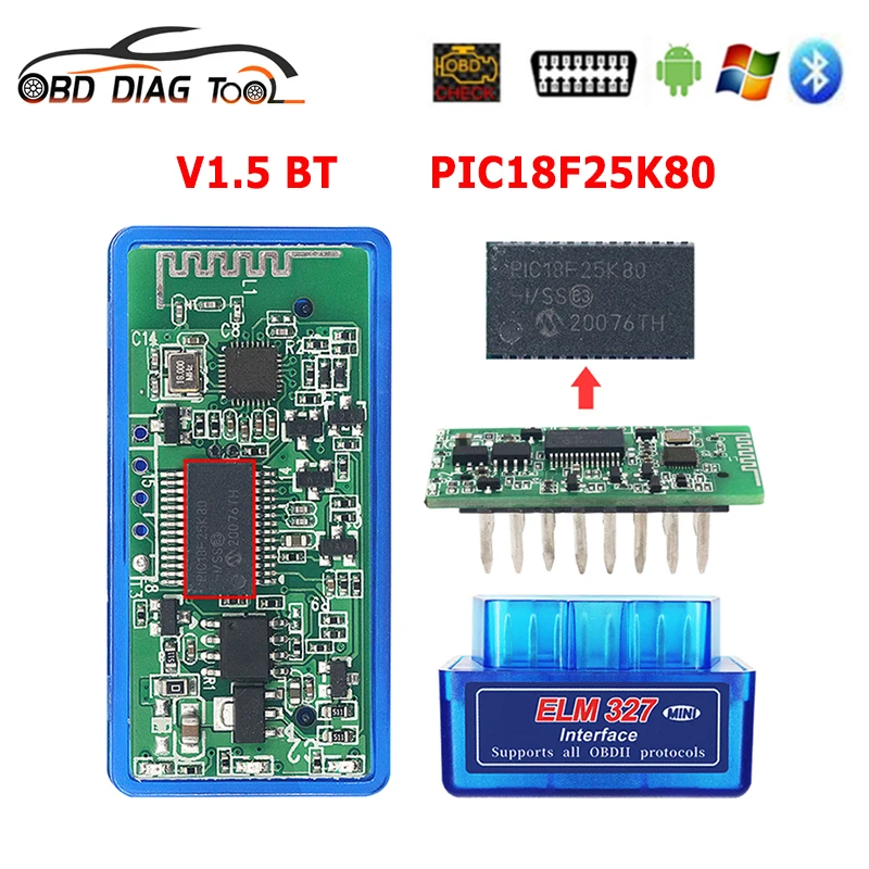 Автомобильный сканер OBD2 ELM327 V1.5 Bluetooth PIC18F25K80 чип для Android ПК OBDII ELM 327 1 5