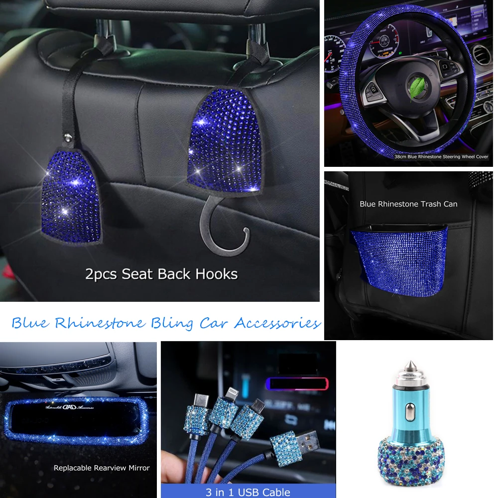 Blue Car Glitter Accessories for Seat Women Rear View Mirror Hanging Ornament Charger 3 in 1 USB Cable Diamonds Interior Parts Blue Car Glitter Accessories for Seat Women Rear View Mirror Hanging Ornament Charger 3 in 1 USB Cable Diamonds Interior Parts