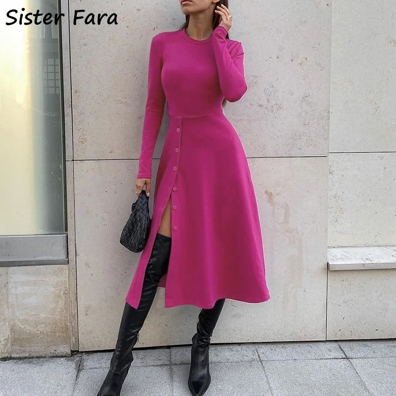 

Sister Fara Elegant Knit Split Dresses for Women's Spring High Waist Buttons Slim Dresses Autumn Ladies Casual Mid-Calf Dress