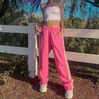 women y2k fashion casual aesthetis pink mide waist trousers e girl high street striped bandage pockets loose long pants outfits