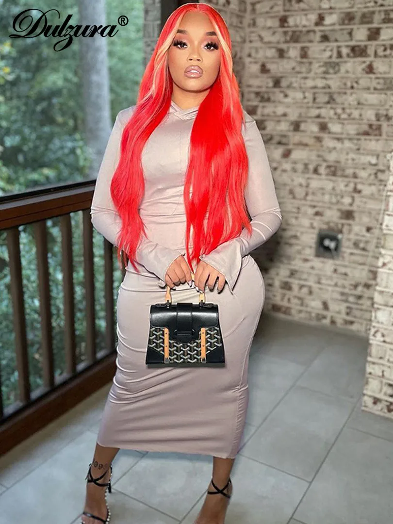 

Dulzura Solid Women Long Sleeve Hoodie Midi Dress Bodycon Sexy Streetwear Party Club Casual 2021 Autumn Winter Clothes