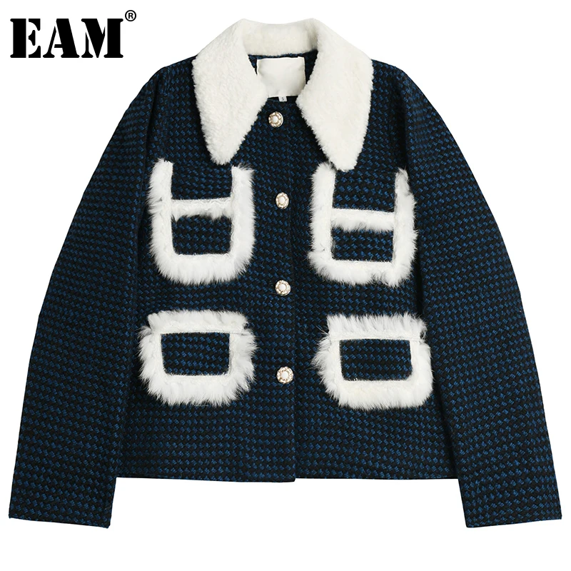 

Женское шерстяное пальто EAM, Свободное пальто синего цвета с длинными рукавами в винтажном стиле, Осень-зима 2022, 1DE4076
