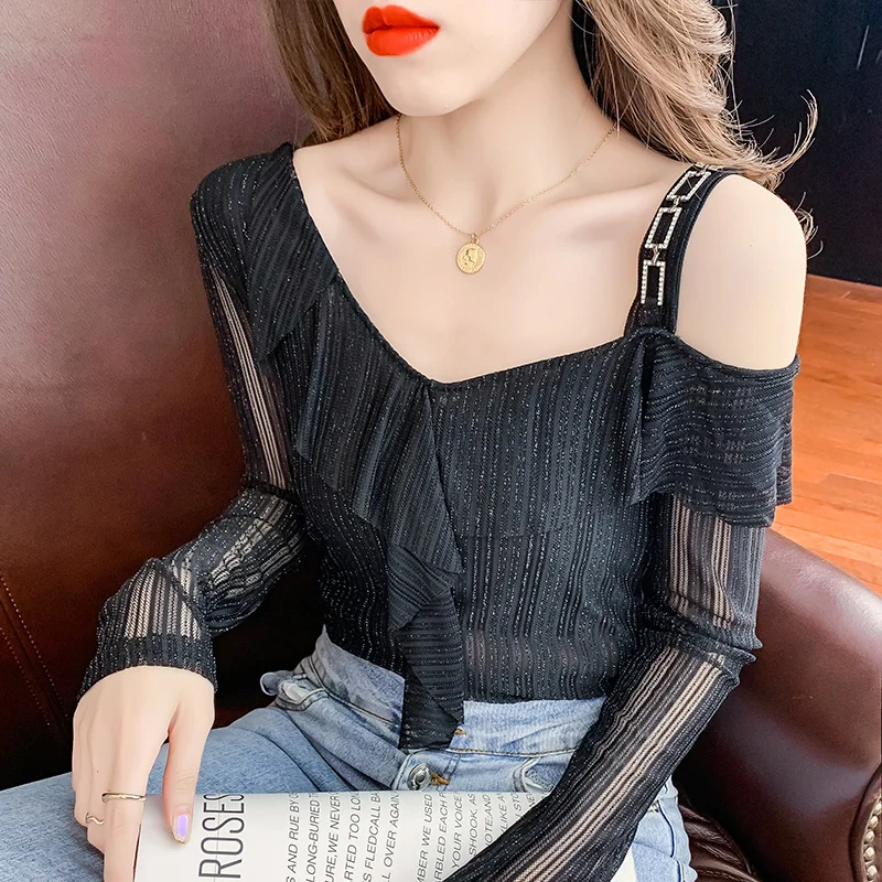 

#9088 Black Off Shoulder T Shirt Women Thin Skew Collar With Ruffles Sexy Tight T Shirts Female Perspective Basic Mesh T-shirt