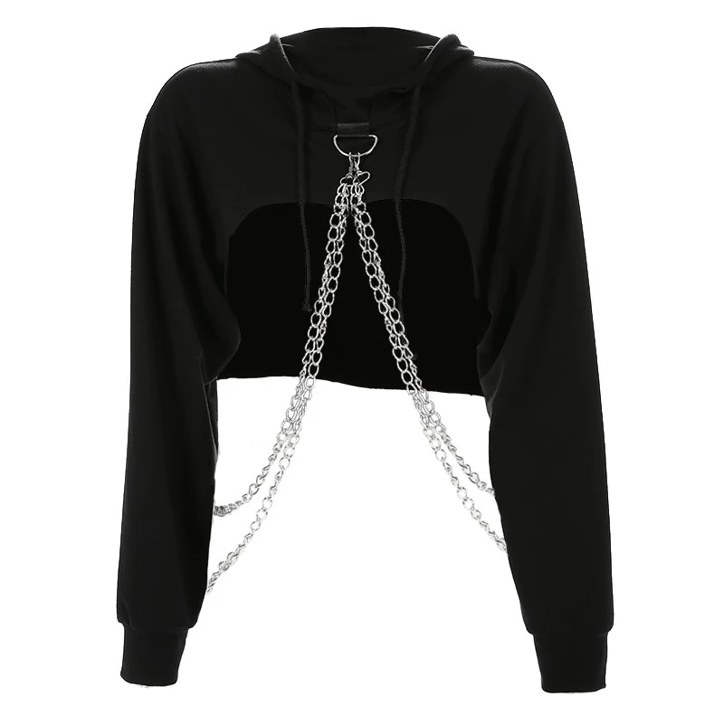 

Women Autumn Hip Hop Long Sleeve Cute Solid Color Off-shoulder Casual Loose Hooded Short Sweatshirt With Metal Chain New