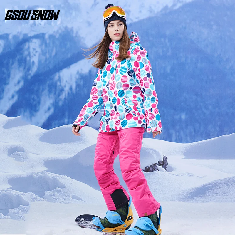 GSOU лыжный костюм для женщин водонепроницаемая куртка сноуборда + лыжные штаны