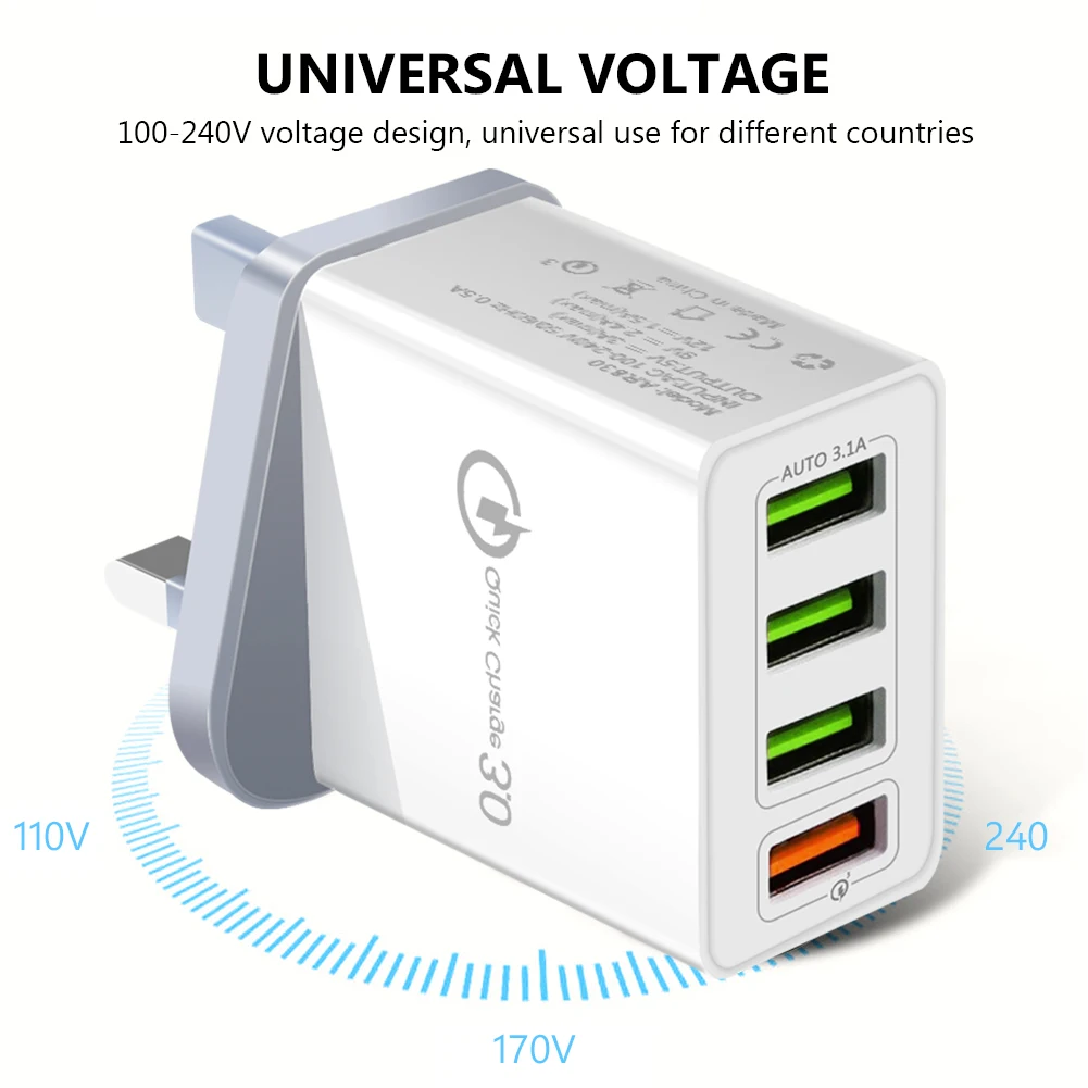 2 4/3A 5 в 1/4 USB QC 3 0 UK штекер зарядное устройство с кабелем Быстрая зарядка адаптер