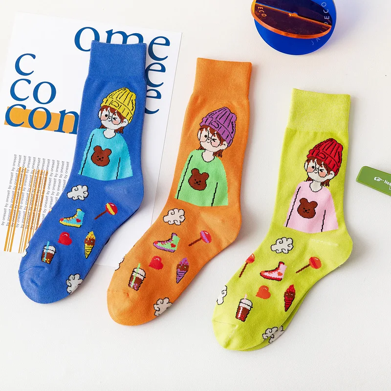 3 Pairs Lot Woman Slouch Cartoon Cotton Socks Harajuku Sweets Kawaii Sox For Girl Funny Happy Blue Orange Long Socks Cute Things