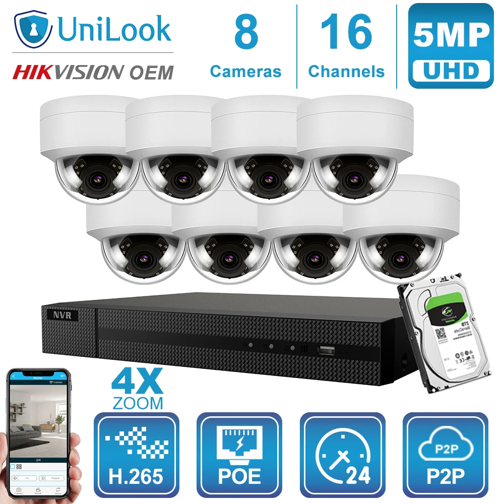 UniLook 16CH NVR 8/10/12/16Pcs 5MP Dome POE IP Camera 4X Zoom Hikvision OEM H.265 Outdoor CCTV NVR Kits Night Vision With HDD