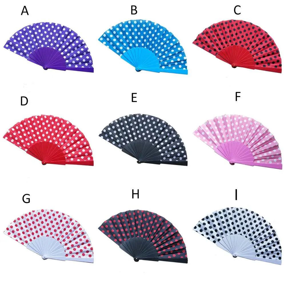 

Vintage Style Cloth Folding Fan Japanese Polka Dots Hand Fans Art Crafts Home Decor Dance Hand Fan 9 Colors Summer Cooling Fan