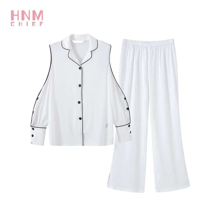 

HNMCHIEF White Shirts Pants Homewear Fashion Ladies Elegant Turn-down Collar Long Sleeve Sleepwear Spring Summer Pajamas Women
