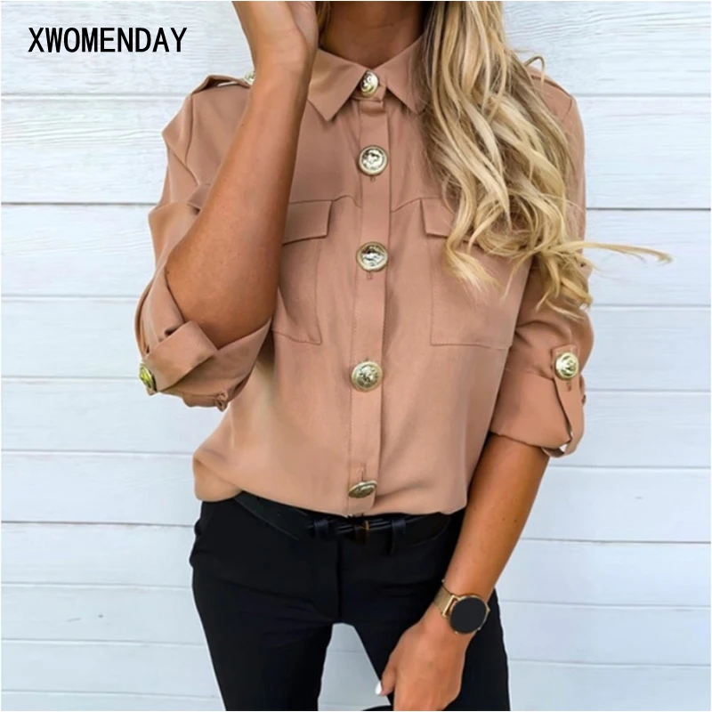 Женская Однотонная рубашка на пуговицах XWOMENDAY офисная блузка с длинным рукавом