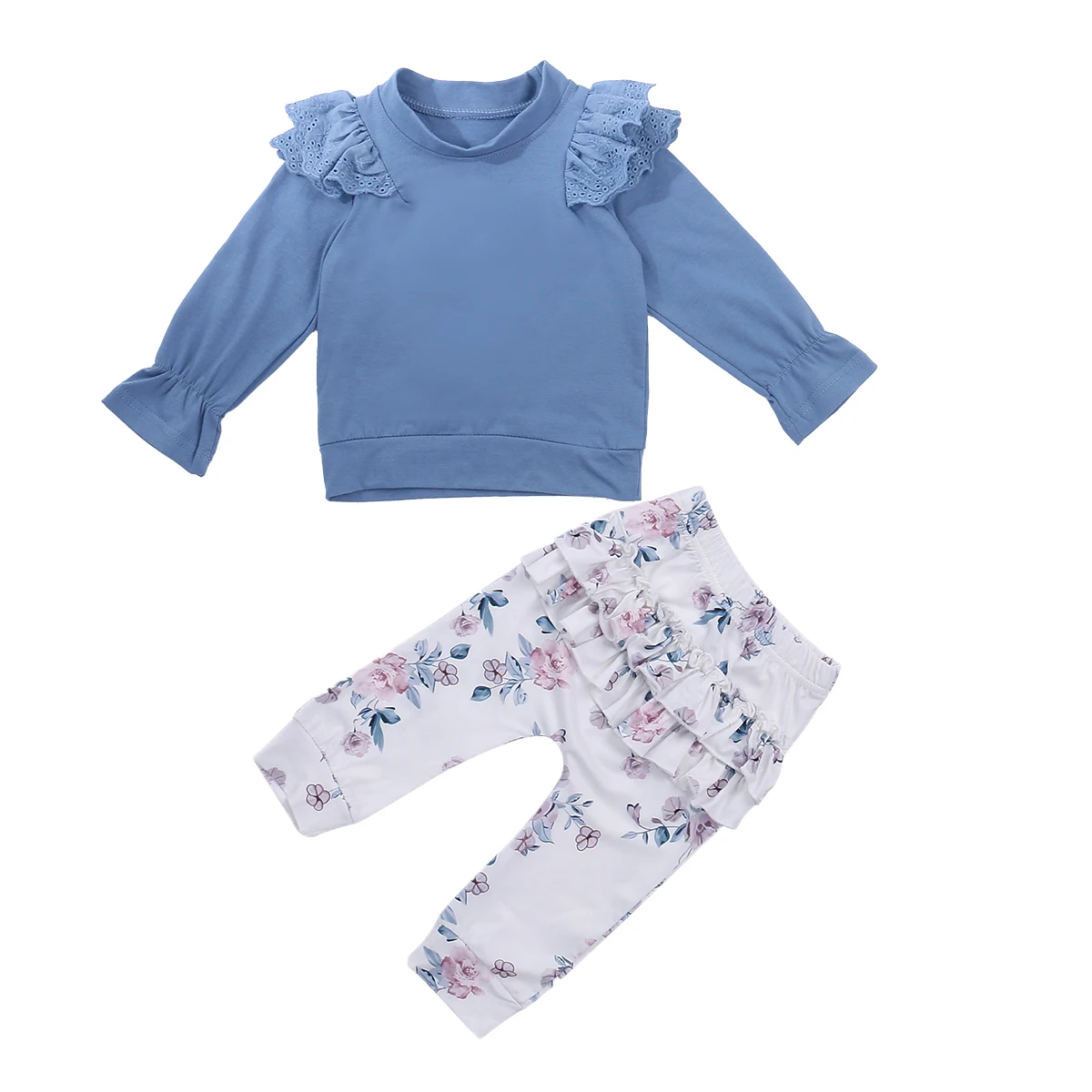 

2 Pcs Baby Children Girls Outfits Solid Flare Sleeve High Neck Solid Tops Floral Print Pants Toddler Infants Girl Sets 12M-4Y