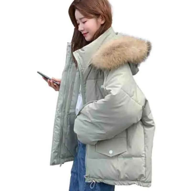 2021 New Winter Cotton Jacket Women Short Cotton Padded Parka Big Fur Collar Loose Bread Warm Coat Korean Solid Color Outerwear
