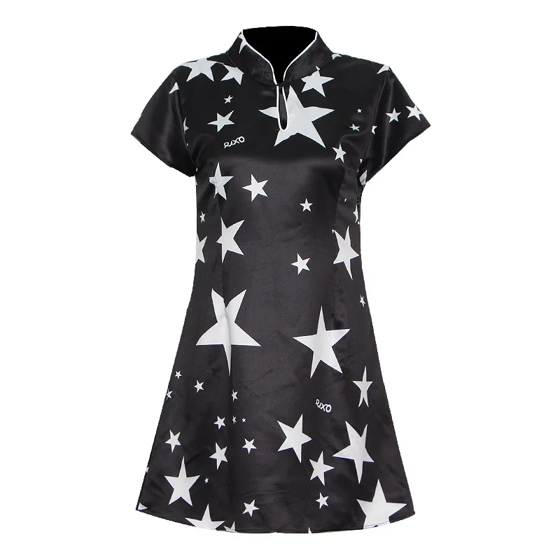 

Chinese style cheongsam short skirt 2021 summer new star printing and dyeing small standing collar waist slim commuter dress