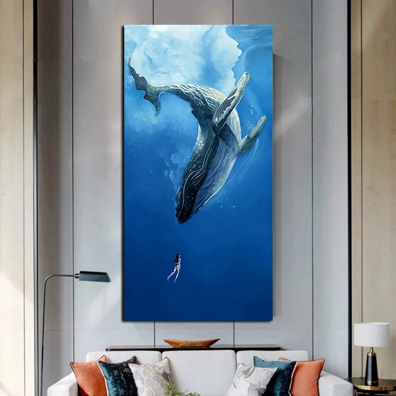 Абстрактная Современная Картина на холсте с изображением синего океана девочки