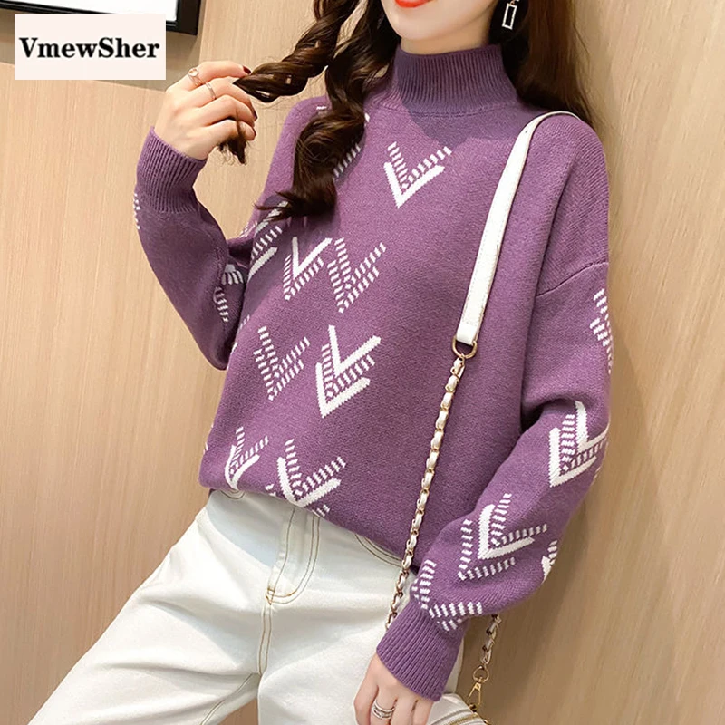 

VmewSher New Jacquard Pullover Knitted Sweater Women Autumn Winter Mock Collar Jumper Elegant Soft Bottoming Knitwear Tops