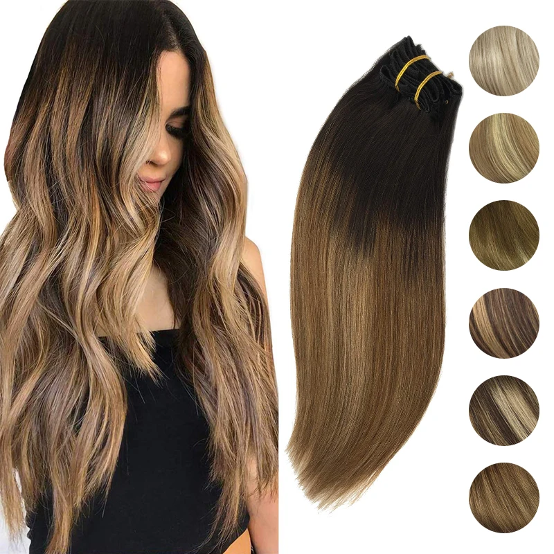

Full Head Clip in Hair Extensions Natural Black to Light Brown Honey Blonde Ombre Color Straight 100% Human Remy Hair Extensions
