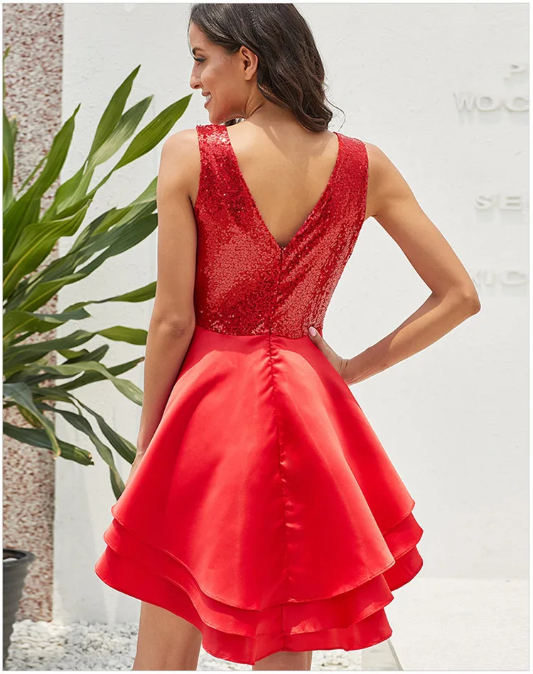 Женское коктейльное платье без рукавов розовое/красное/Черное короткое с V