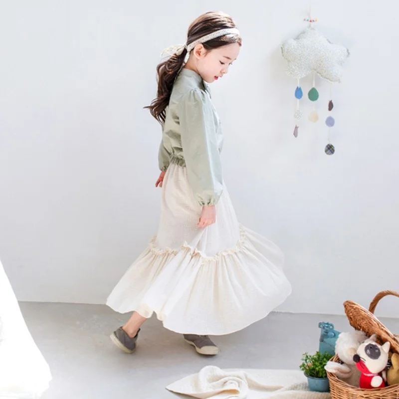 

4 To 14 Years Kids & Teenager Girls Solid Big Bow Cotton Casual Long Sleeve Blouse Children Fashion Fall Autumn Button-back Tops