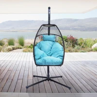 Outdoor Patio Wicker Egg Chair Rattan Swing Hammock Folding Hanging C Type Bracket W/Cushion Pillow Beige Blue Indoor Sleeping