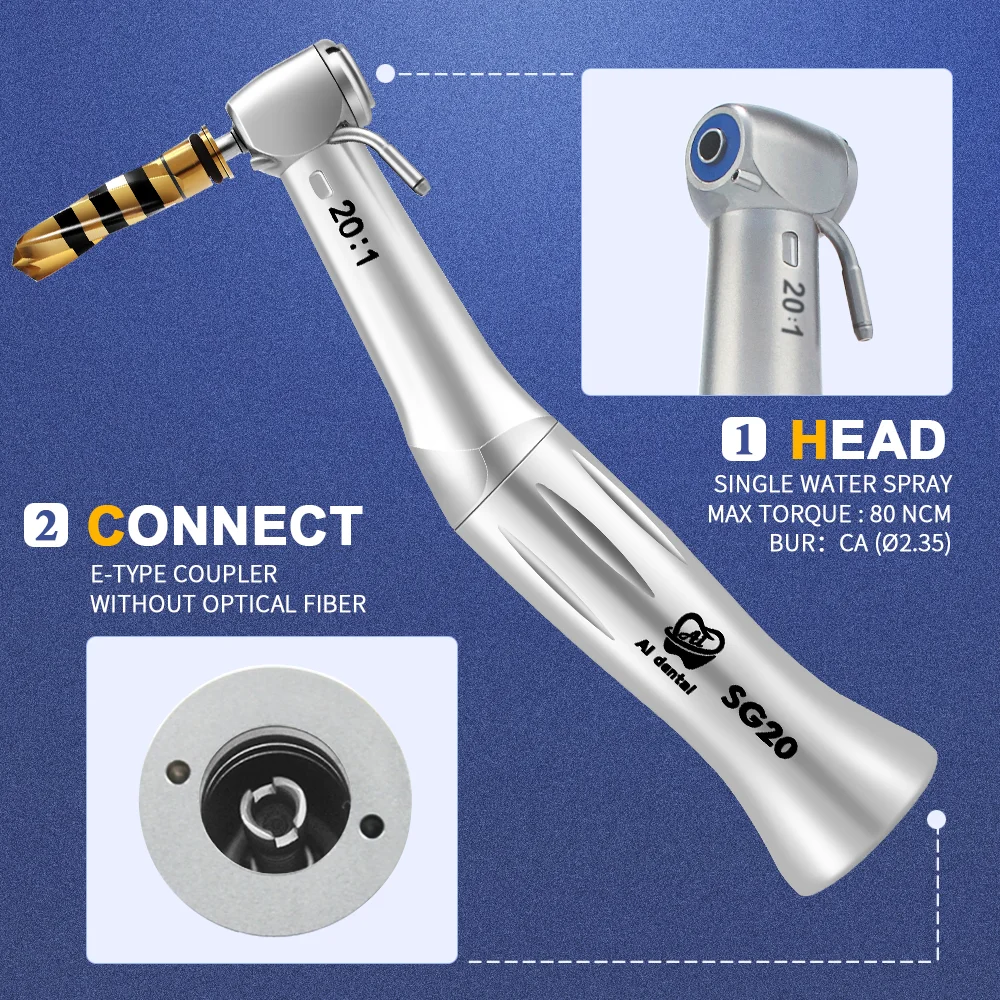Dental Surgery Implant Handpiece 20:1 Reduction Contra Angle Low Speed Push Button Chuck For Surgery Motor AI-SG20