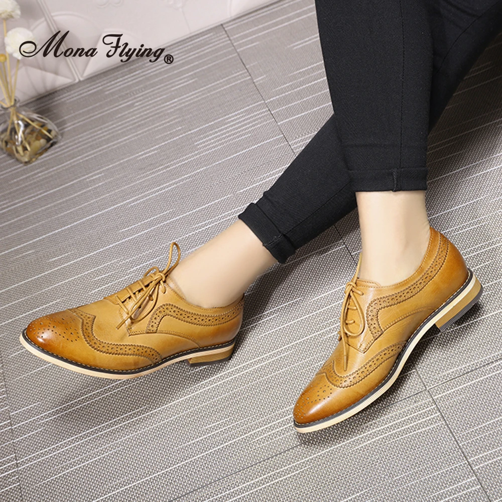 Mona Flying Oxford-zapatos de cuero para mujer, calzado de lujo, hecho a mano, con cordones, punta estrecha, alforja, estilo Derby, B098-1