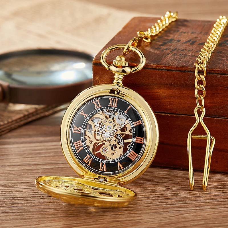 Retro Skeleton Mechanical Pocket Watch Mens Fob Chain Golden Automatic Self-winding Women Men Watch Gift Clock Reloj de bolsillo